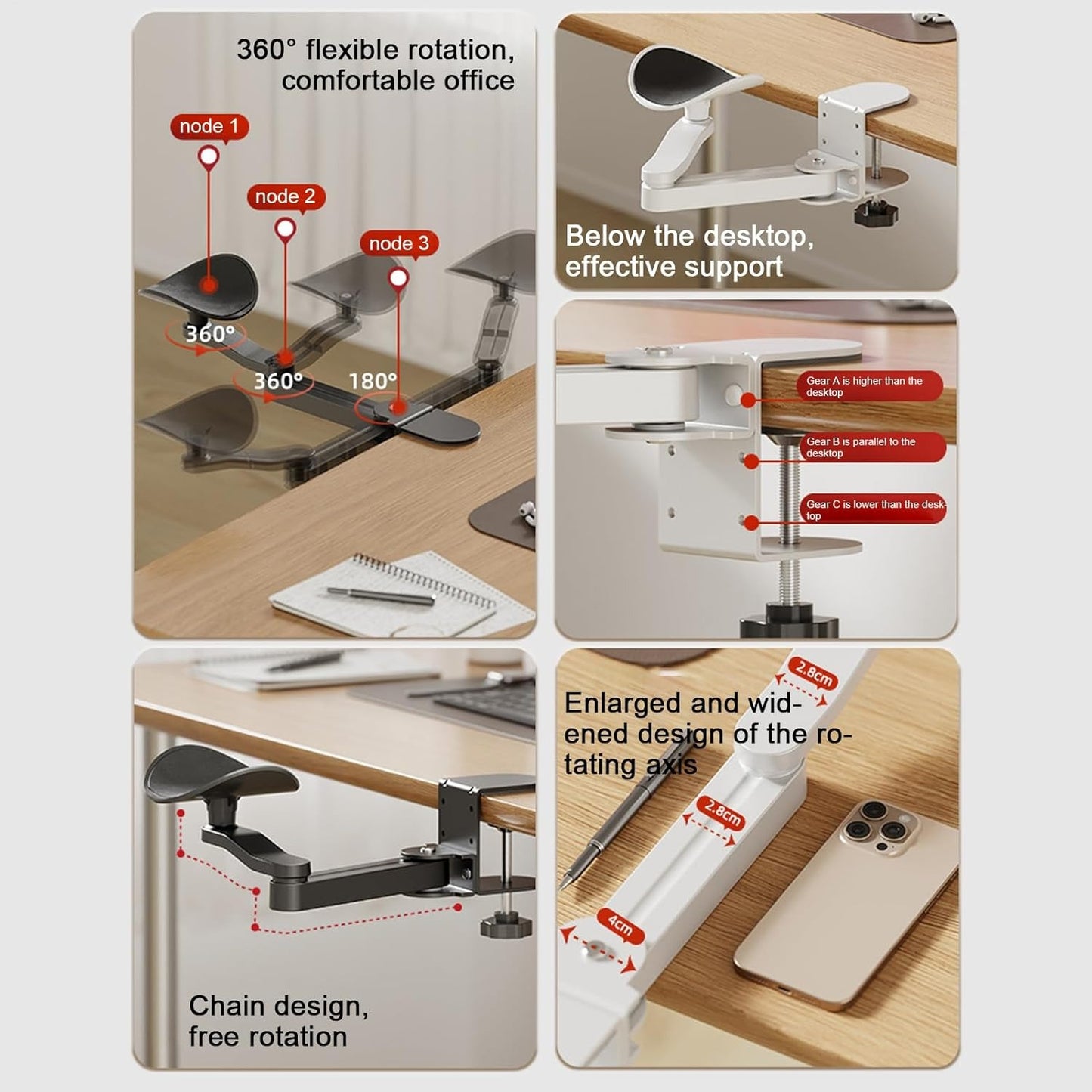 Arm Rests for Desks, Aluminum Alloy Elbow Support Extender, 3-Levels Height Adjustable Chair Accessory, Desk Cradle Rotating Elbow Cushion for Typing, Manicure Table, Recliner, Office