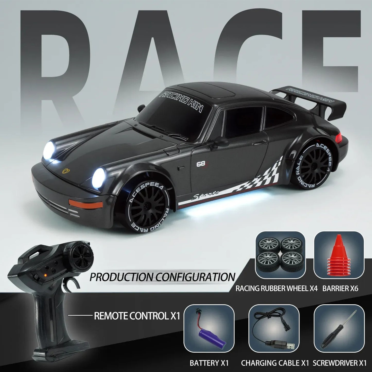 🏎️1:20 Scale 4WD High-Speed Drift RC Car ，LED Headlights，🎁 Gift Racing Wheels ×4 Obstacles ×10