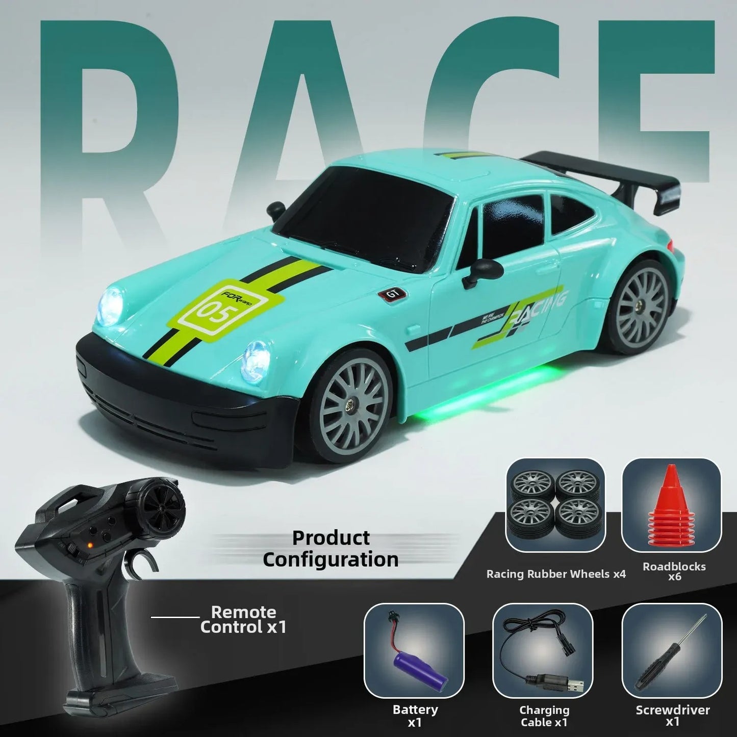🏎️1:20 Scale 4WD High-Speed Drift RC Car ，LED Headlights，🎁 Gift Racing Wheels ×4 Obstacles ×10